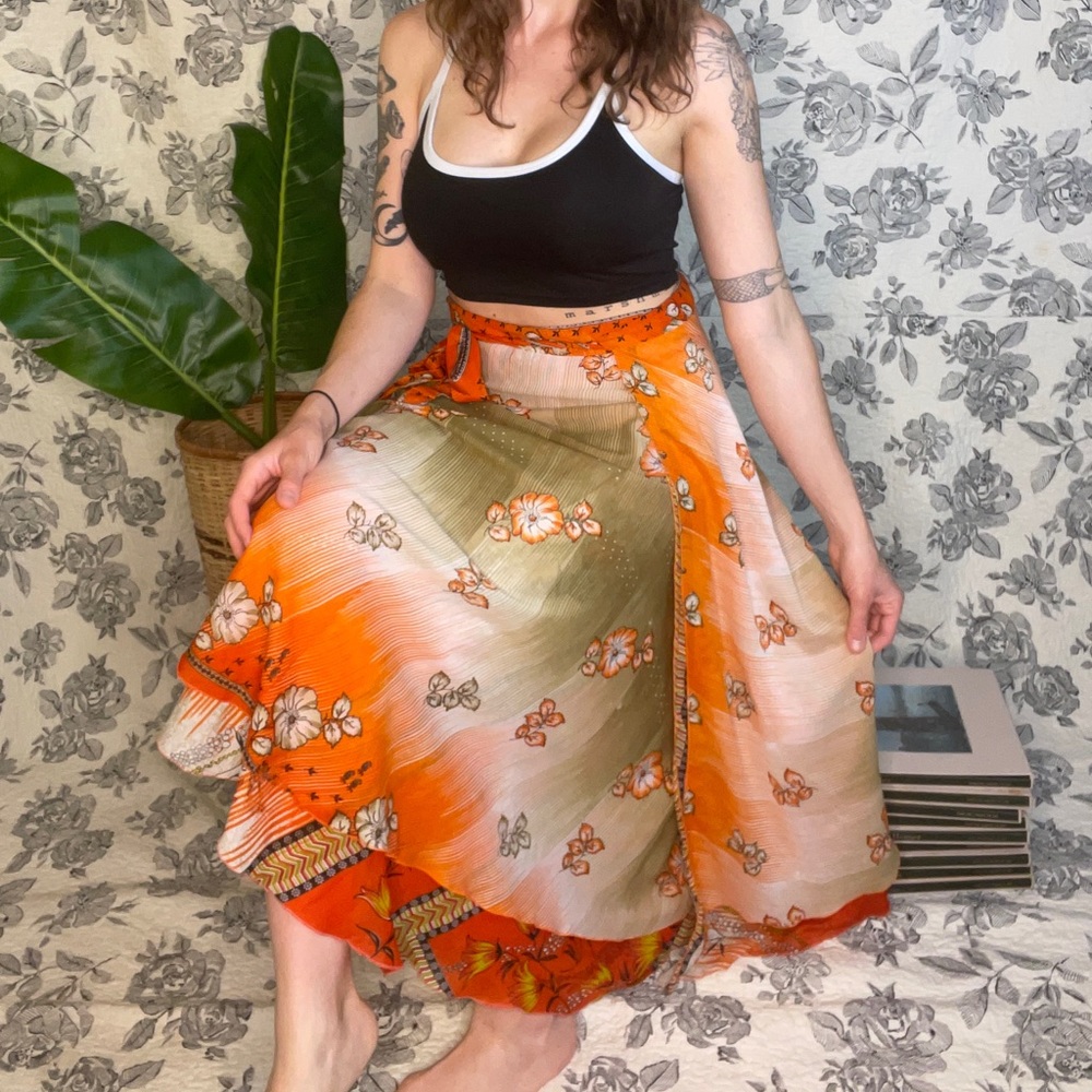 Gorgeous Vintage Silk Sari Double Layered Wrap Around Long Skirt Reversible